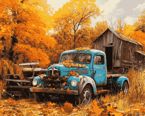 Blue Truck Fall Landscape Diamond Painting