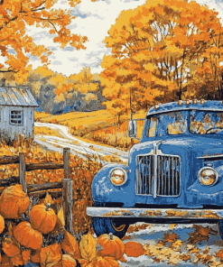 Blue Trucks and Fall Leaves Diamond Painting