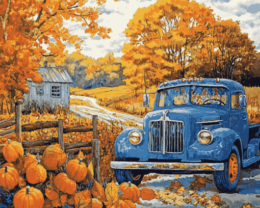 Blue Trucks and Fall Leaves Diamond Painting