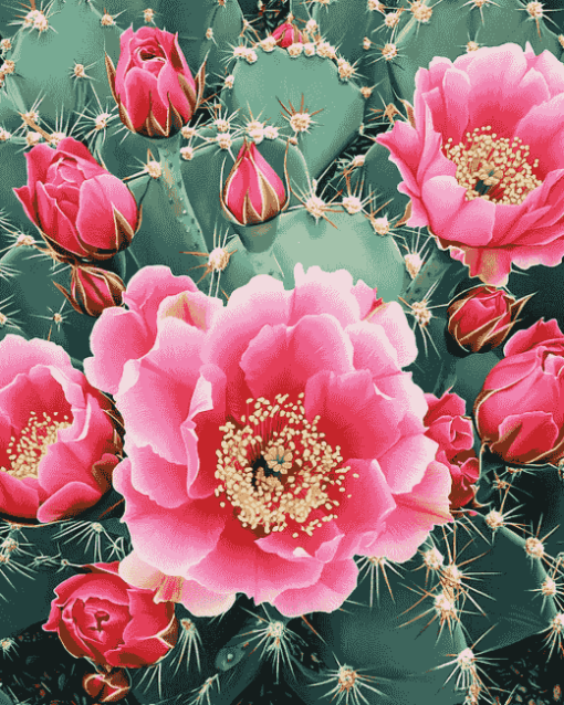 Cactus with Pink Rose Blossoms Diamond Painting