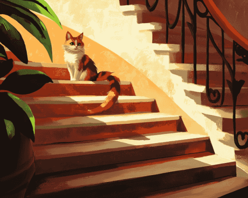 Cat On Stairs Kitty Diamond Painting