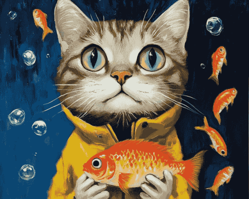 Cat With Fish Diamond Painting