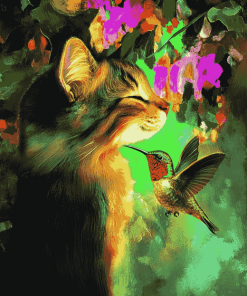 Cat and Hummingbird Diamond Painting