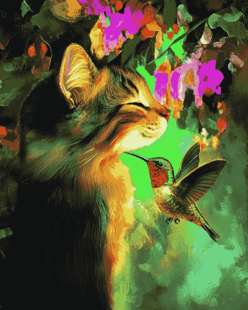 Cat and Hummingbird Diamond Painting