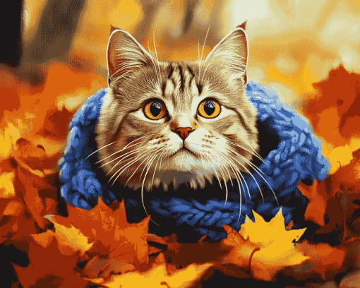 Cat and Leaves Diamond Painting