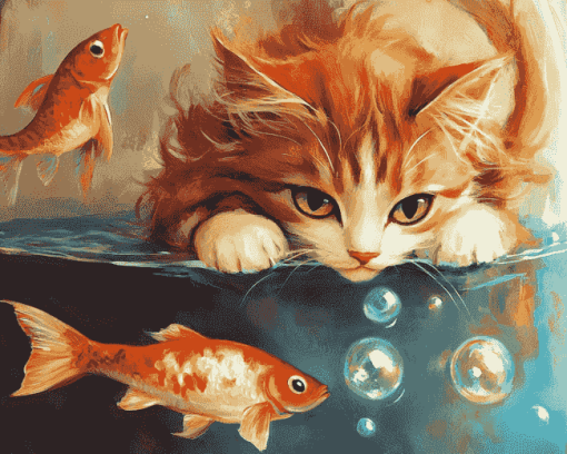 Cat with Fish Diamond Painting