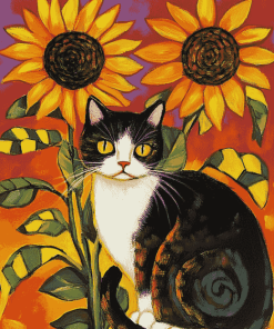 Cat with Sunflowers Diamond Painting