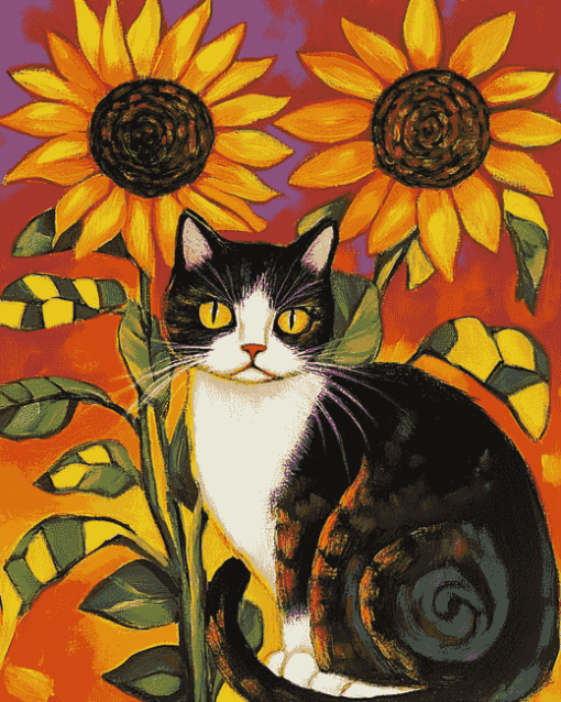 Cat with Sunflowers Diamond Painting