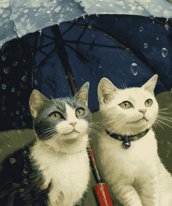 Cats and Kittens Under Umbrella Diamond Painting