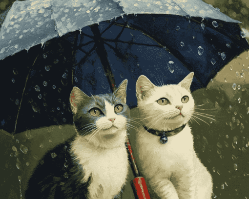 Cats and Kittens Under Umbrella Diamond Painting