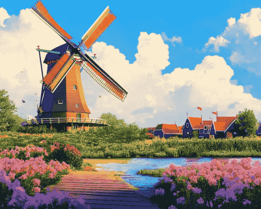 Charming Dutch Windmills Diamond Painting