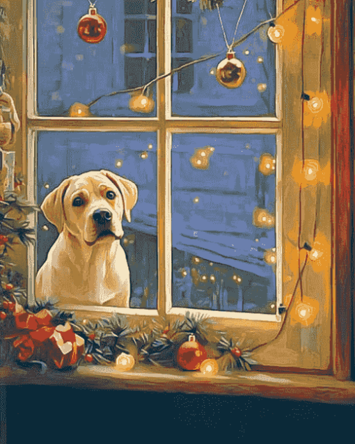 Christmas Puppies in Window Diamond Painting