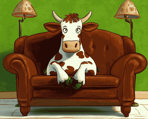 Cow on Couch Cartoon Diamond Painting