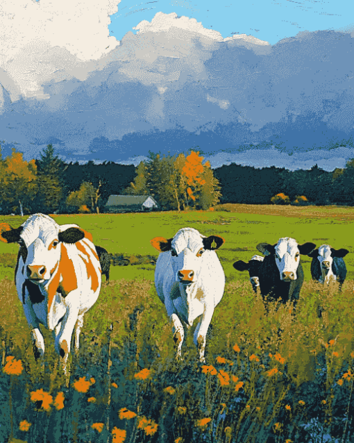 Cows in Autumn Landscape Diamond Painting