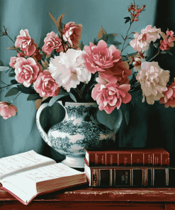 Elegant Ikebana Blossoms on Books Diamond Painting