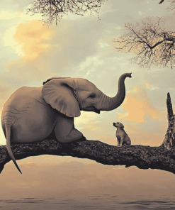 Elephant with Puppy on Tree Diamond Painting