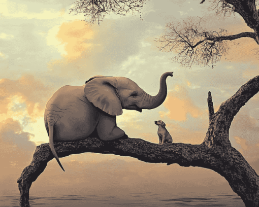 Elephant with Puppy on Tree Diamond Painting