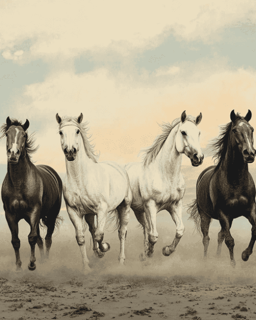 Five Horses Running in the Desert Diamond Painting