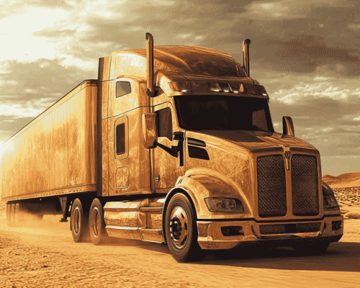 Golden Engine Semi Truck Diamond Painting