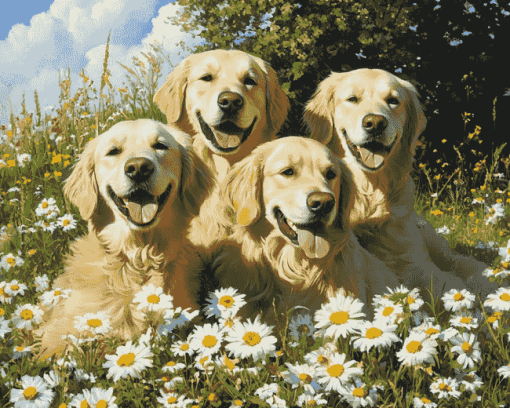 Golden Retrievers in Daisies Diamond Painting