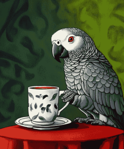 Grey Parrot Coffee Theme Diamond Painting