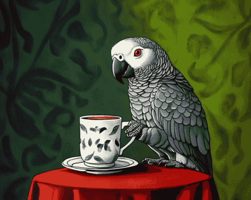 Grey Parrot Coffee Theme Diamond Painting