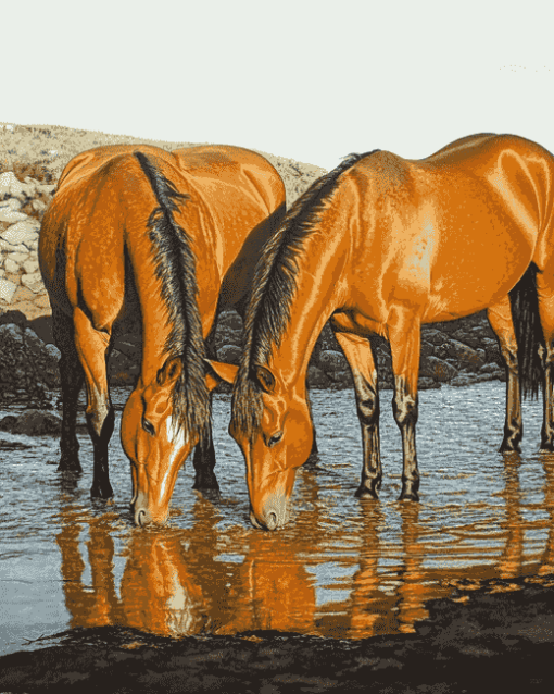 Horses Drinking Animal Art Diamond Painting