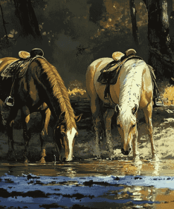 Horses Drinking Scene Diamond Painting