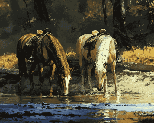 Horses Drinking Scene Diamond Painting