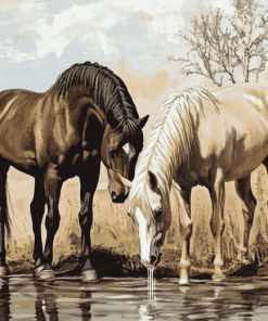 Horses Drinking Water Diamond Painting