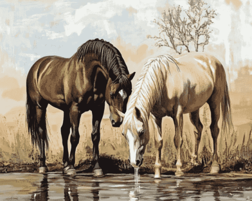 Horses Drinking Water Diamond Painting