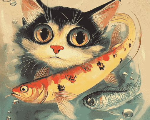 Kitty and Fish in Diamond Painting