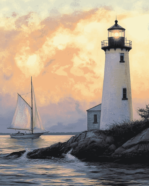 Lighthouse and Sailboat Scenes Diamond Painting