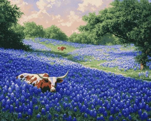 Longhorn and Bluebonnets Diamond Painting