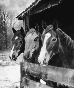 Monochrome Horses on the Farm Diamond Painting