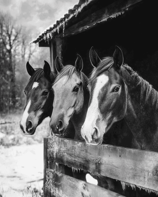 Monochrome Horses on the Farm Diamond Painting