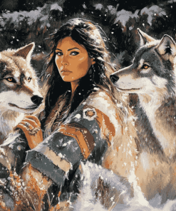 Native Wolves and Woman Diamond Painting