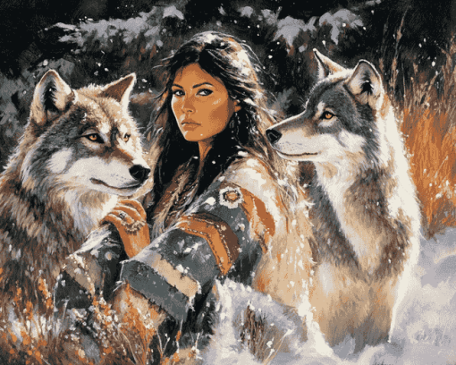 Native Wolves and Woman Diamond Painting