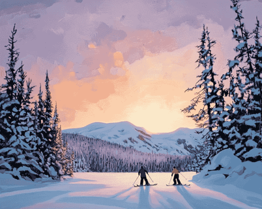 Newfoundland Sunset Skiing Scene Diamond Painting