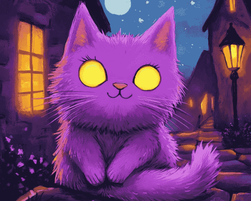 Purple Cartoon Kitties Diamond Painting