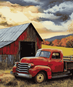 Red Barn and Vintage Truck Diamond Painting