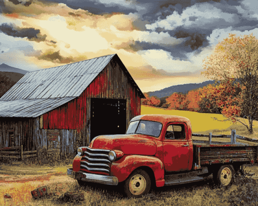 Red Barn and Vintage Truck Diamond Painting