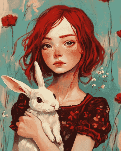 Red-Haired Girl with Bunnies Diamond Painting