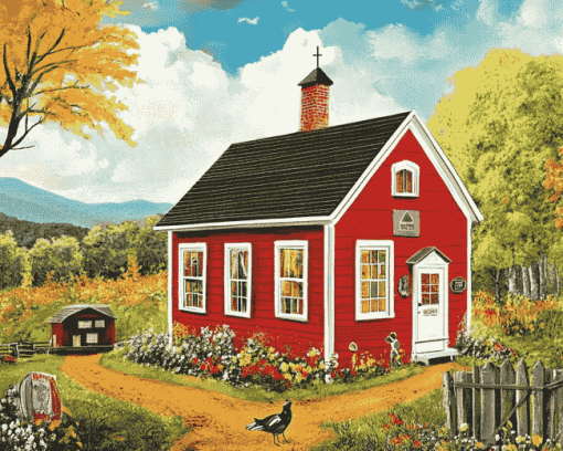 Red Schoolhouse Building Diamond Painting