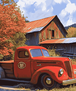 Red Truck and Barn Scene Diamond Painting