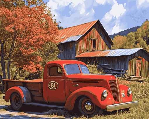 Red Truck and Barn Scene Diamond Painting