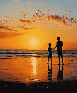 Silhouette of Kids on Beach Diamond Painting