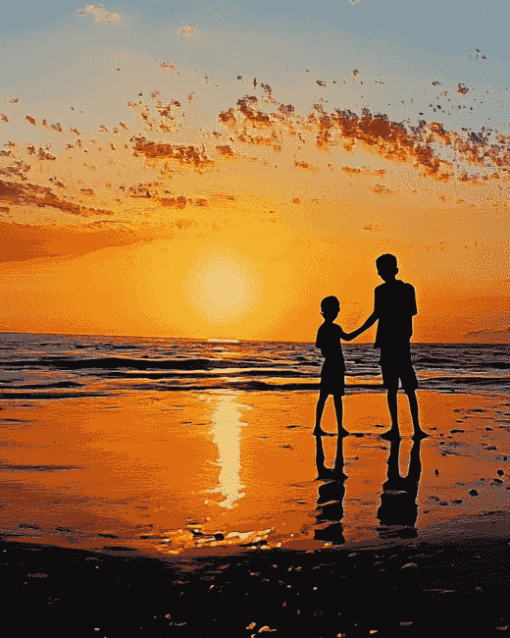 Silhouette of Kids on Beach Diamond Painting