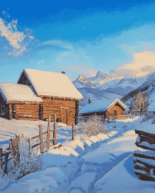 Snowy Landscape Cabin Diamond Painting