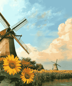 Sunflower and Dutch Windmill Landscape Diamond Painting